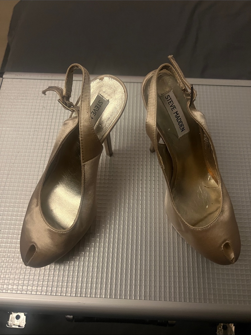 Steve Madden Champagne Satin Peep-Toe Slingback Heels